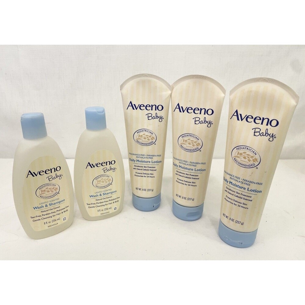 (5) Lot NEW 2 Aveeno Baby Wash & Shampoo 8 Oz & 3 Daily Moisture Lotion 8 oz